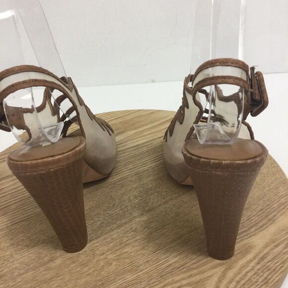 Reed Evins Anthropologie Women Mesh Leather Reptile Open Toe Heels Tan Ivory 7.5 - Picture 6 of 16